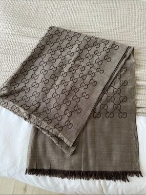Gucci Brown GG Monogram Fringe Scarf